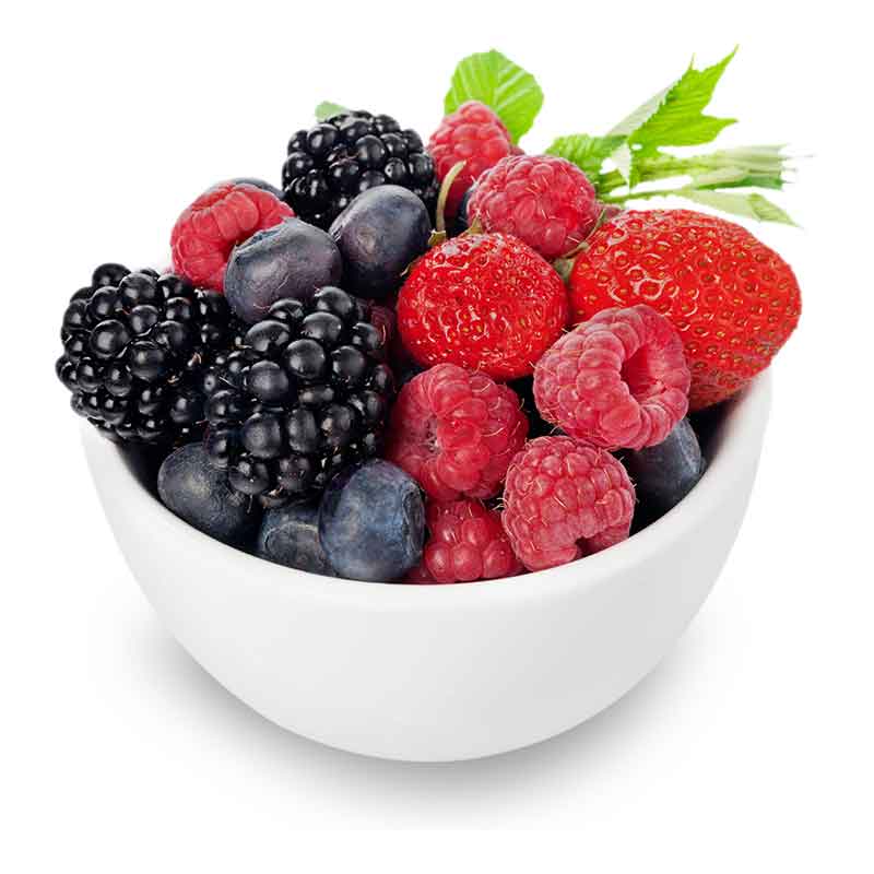 Mixed berries in a white bowl including strawberries, blueberries, blackberries, and raspberries – nutrient-packed fruits supporting overall wellness