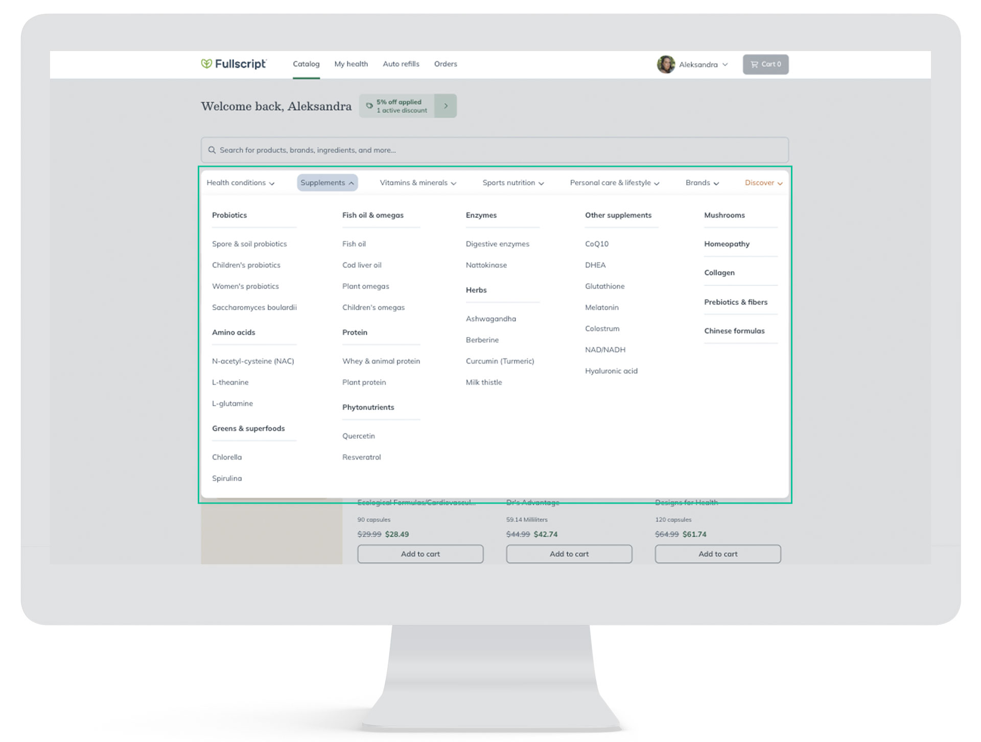 A white iMac displaying the Fullscript categories