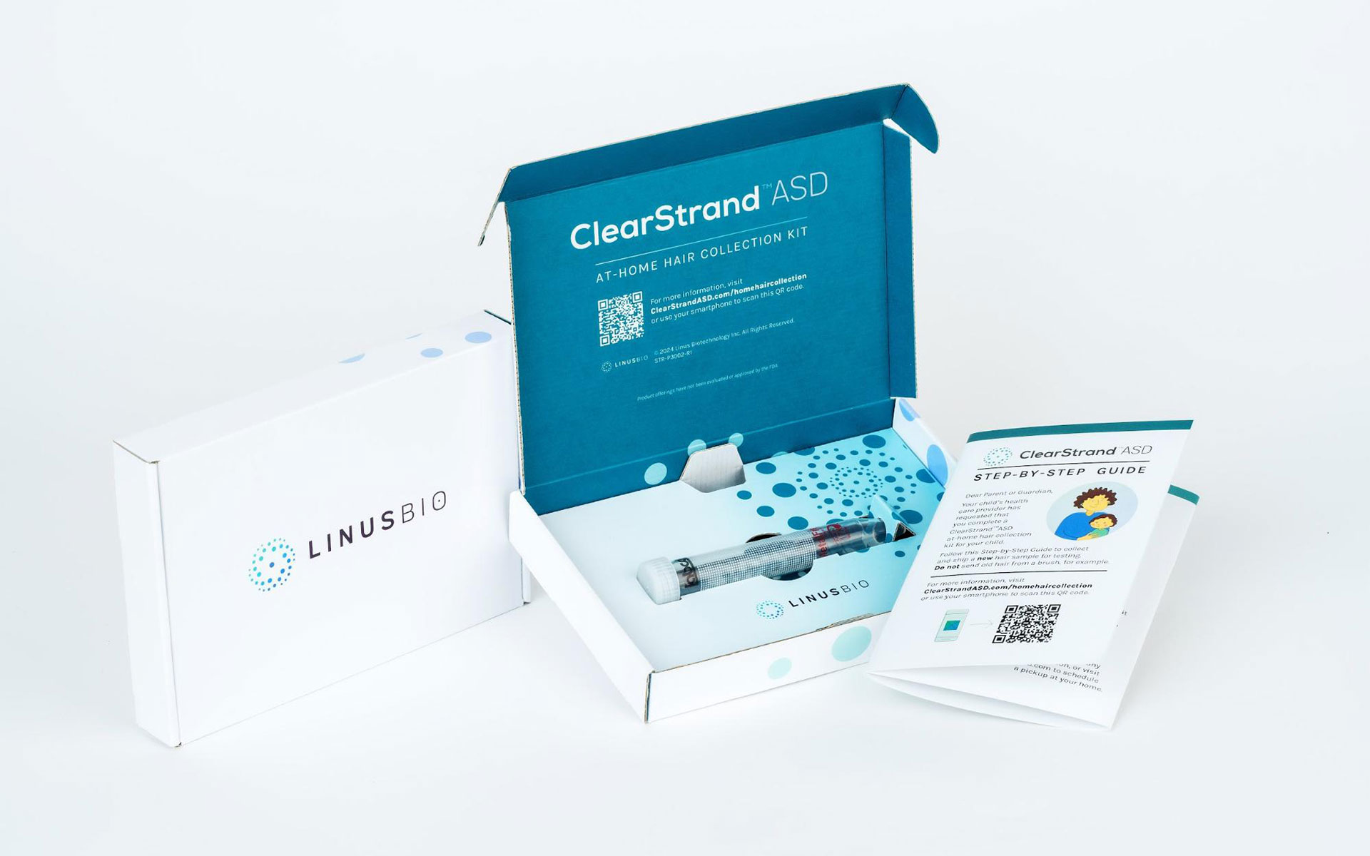 ClearStrand-ASD autism screening test kit box by LinusBio with instruction pamphlet