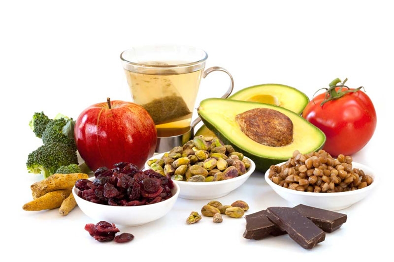 A group of antioxidant rich foods including avocado, chocolate, green tea and berries, that can be used to prevent chemical damage