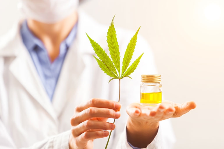 A doctor holding a hemp plant and a vial of CBD oil 